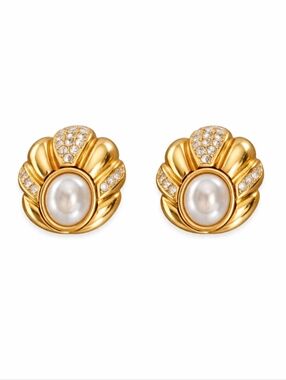 Vintage Dior Gold Pearl & Crystal Clip-On Earrings Statement Designer COA